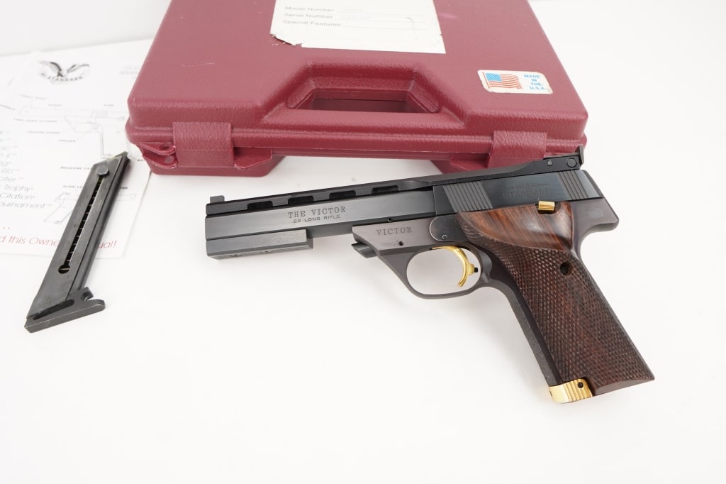 High Standard Mfg Co Victor .22 Long Rifle: The High Standard Victor is a .22 pistol that's based on a World War II-era target pistol. It has a muzzle velocity of 920–1048 ft/s, a 10-round box feed system, and forward blade and rear notch sig