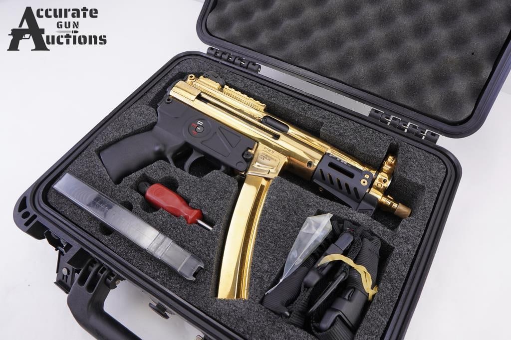 PTR Industries Inc PTR 9 9mmx19: The 9kt model features an M-LOK compatible aluminum hand guard with attached finger guard. Plated in high polished gold, 5.16", 3-lug barrel is threaded to 1/2" x 28.Both a push button and paddle maga