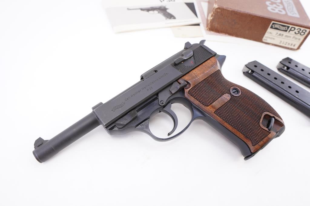 Carl Walther P 38 7.65mm Parabellum: Walther P38 in 7.65mm Parabellum (also called .30 Luger) imported by Interarms refers to post-war commercial models, often from the 1960s-1980s, featuring the P38's design but chambered for the less c