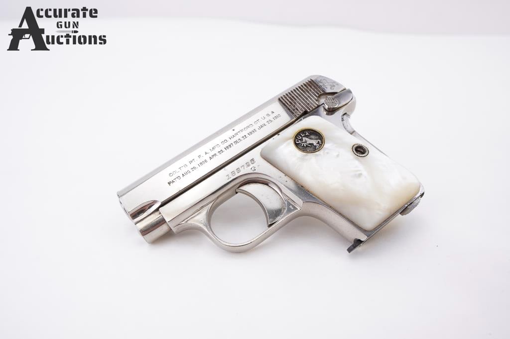Colt Automatic .25 Auto "1918": Manufactured in 1918 as per serial number with nickel plated finish, standard two-line address/patent dates and Rampant Colt on the left of the slide, caliber marking on the right, serial number on th