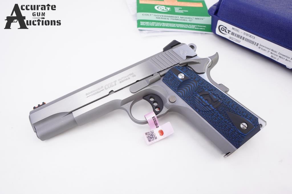 Colt Series 70' Government Mod 38 Super: Colt's 1911 Competition pistol features custom G10 Blue checkered grips; dual recoil spring system; a National Match barrel; Novak sights for precision shooting, a red fiber optic front with adjustabl