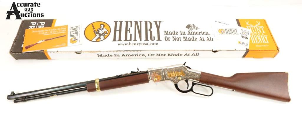 Henry H004AC .22 S/L/LR: Make: Henry Model: H004AC Caliber: .22 S/L/LR Action: Lever Barrel: 20 Bore: Bright Serial # BUILD00202 Condition: Excellent The Henry H004AC is the American Construction Industry Tribute Edition