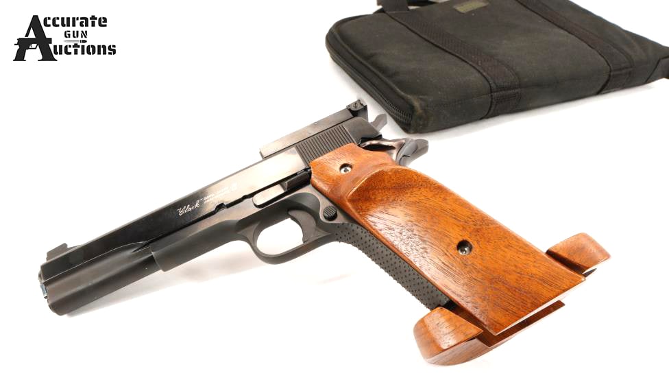 CLARK LONG SLIDE .38 38: Make: CLARK Model: LONG SLIDE .38 Caliber: 38 Action: Semi Barrel: 6 Bore: Bright Serial # 202325 Condition: Very Good Based on the serial number this Clarks Customs 6? long slide was built on a 1917