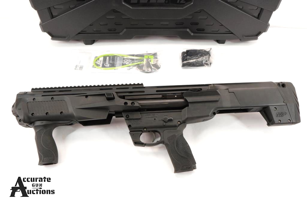 Smith & Wesson M&P 12 12GA: Make: Smith & Wesson Model: M&P 12 Caliber: 12GA Action: Pump Barrel: 19.5 Bore: Bright Serial # VHB4576 Condition: Like New Designed for home protection, the M&P12 shotgun is packed with features in 
