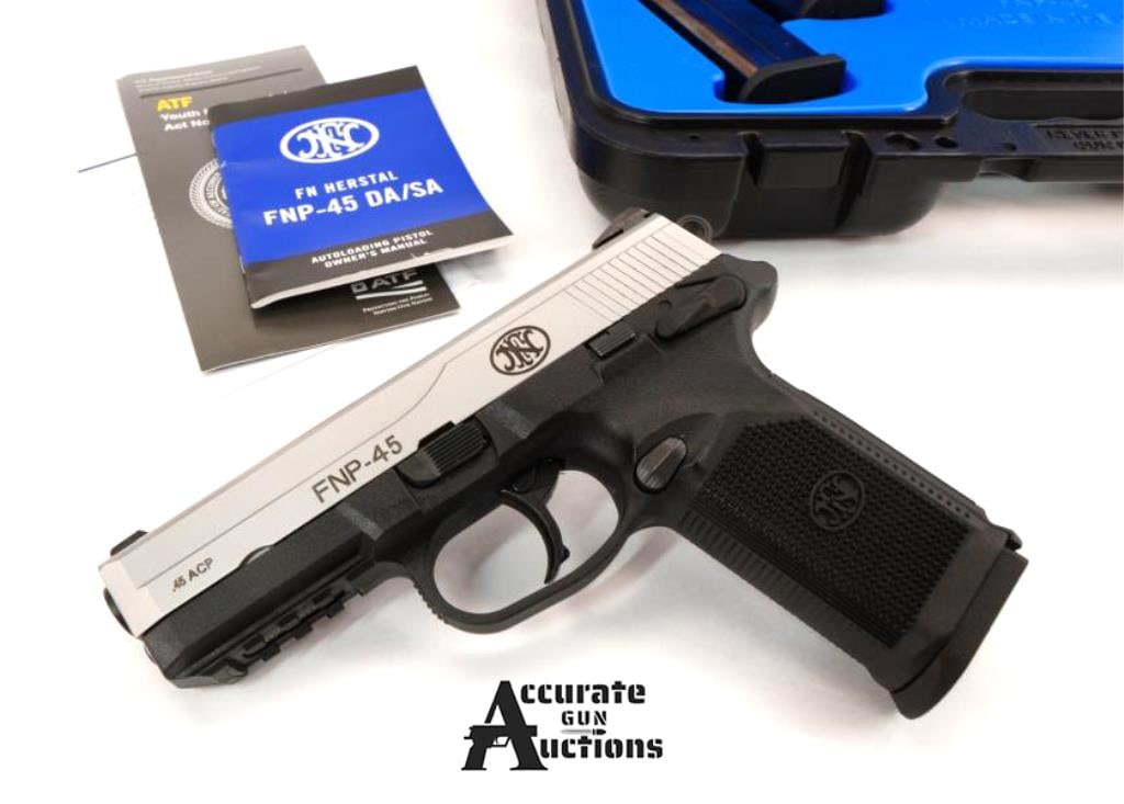 FNH USA FNP-45 .45 ACP: Make: FNH USA Model: FNP-45 Caliber: .45 ACP Action: Semi Barrel: 4.25 Bore: Shiny Serial # 61DMN03525 Condition: Very Good The FNH USA FNP-45 is a rugged, full-sized, hammer-driven semi-automatic