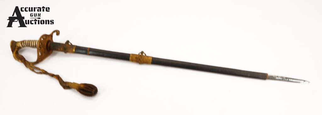 U.S. Navy Officer Saber: Model: U.S. Navy Officer Saber Barrel: 36 Condition: Good U.S. Naval Officer's U.S.N. Brooklyn Sword. On blade: Hyman Gruskin Brooklyn. The scabbard is missing the brass bottom. Marked U.S. Navy on