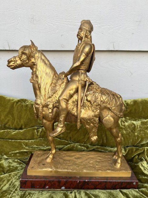 Gaul king by Emmanuel Fremiet, Barbedienne Faundry: Gilted bronze atop an original rouge marble and bronze base trim.Signature and foundry mark.15.5"X11.25"X 4 3/8" 18.4 Lbs. shipping available$ and insurance is a mustCirca 1880. Only 143 years old