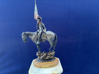 Dustin Payne Bronze Sculpture on a rotating base.Signed and numbered: 28" X 14" X6.5". 22LbsFantastic multi color patina with indented stars on the flag.The grayish color of the horse and rubbed edges on the saddle makes it a super unique bronze.The artist created the s