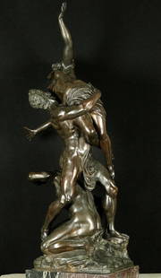 Important 19th Century Antique Italian Bronze Sculpture Circa 1800: Rape of Sabine Woman, originally rendered in marble, has inspired numerous editions, as well as various versions of the subject. Figure shown here, circa 1800, was one modified to cover nudity of its