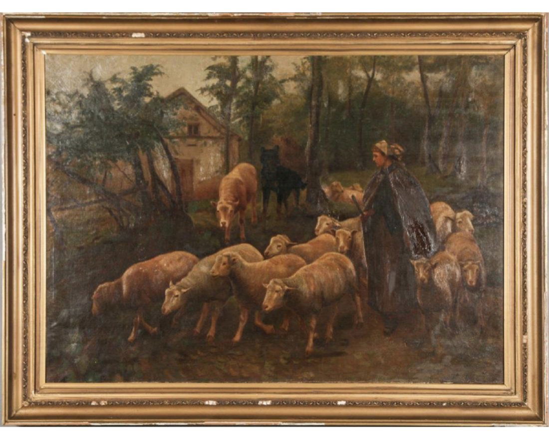 Sothebys 19th Century Antique Oil on Canvas Painting: Grange & Tyndell Farm Girl Tends her Flock. Once Property of Sotheby's Frame 44.25" x 55.5" x2.75 Canvas 50.5" x 36" it has locking corner plates with we believe production date of the hardware.All 4