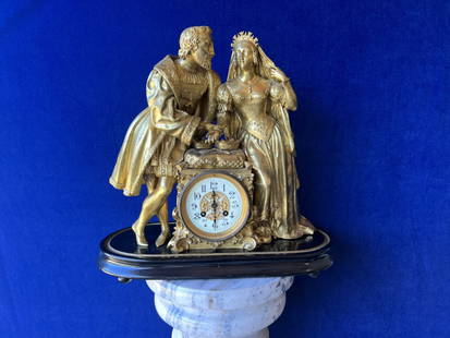 19 century Ormolu Commemorative mantle clock Charles V of France: Circa 1840's 17" x17" x8" Dore bronze. Charles V France & Joanna de Bourbon. He was the king of France from 1364-1380.Joanna became queen of France by marriage to King Charles V (also called the