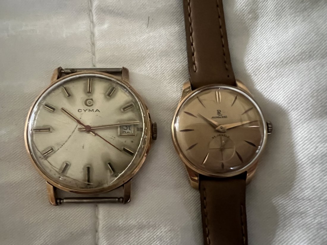3 Vintage Swiss watchesCyma,Rumanel and precimax.2working ones on the first pics: 2 in working condition.cyma obviously needs cosmetic attention and a new plastic face.women’s Rumanel is in perfect condition.The band is an after market and has no value.precimax is automatic and i