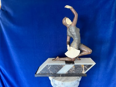 Claire Colinet Fan Dancer Bronze Sculpture with  bone carving