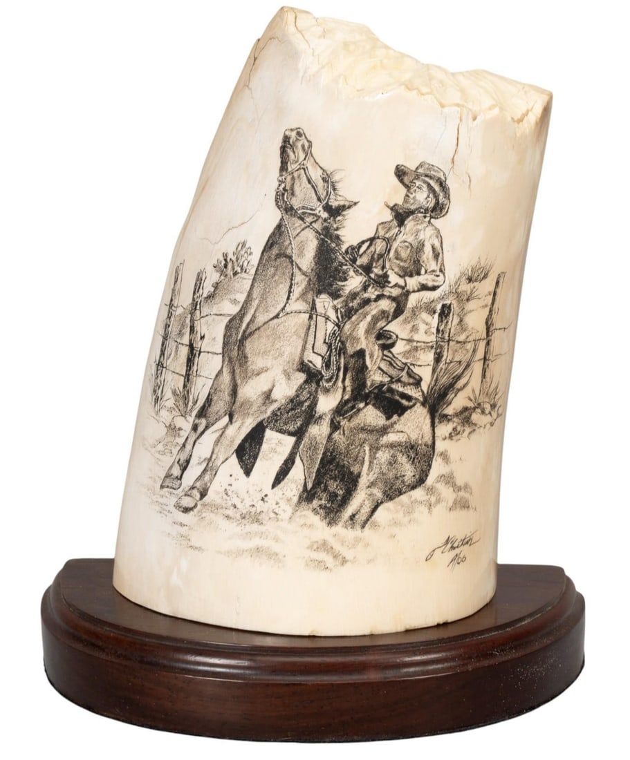 Mammal scrimshaw carving: 6.5” x 4.25” x2” on a solid wood stand with 3 pins to hold it in position but not glued down.you can actually lift and examine and put it back on it’s beautiful stand.with stand 7.