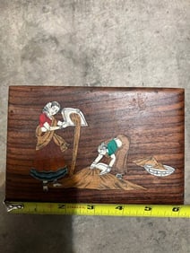 Antique tiger wood  Inlayed Jewelry Box and mammal tusk