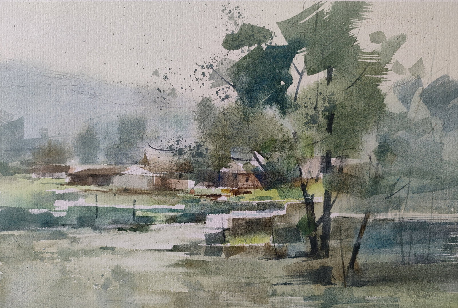 Song Shuyu Landscape Watercolor Unmounted 2015: Song Shuyu is one of the leading figures in Contemporary Chinese Watercolor Painting. His watercolor work titled, "Fading?Years" won the Excellence Award at the 9th National Fine Arts Exhibition, an e
