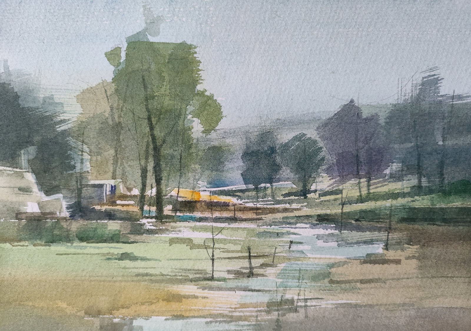 Song Shuyu Landscape Watercolor Unmounted 2014: Song Shuyu is one of the leading figures in Contemporary Chinese Watercolor Painting. His watercolor work titled, "Fading?Years" won the Excellence Award at the 9th National Fine Arts Exhibition, an e