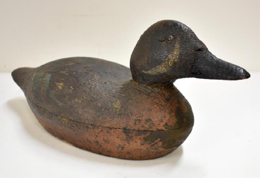 VINTAGE WOODEN DUCK DECOY: Hand painted wooden mason duck decoy features glass eyes. It measures 6" tall x 14½" long and appears to be in nice overall condition.