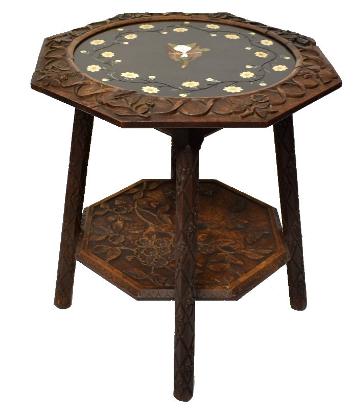 PIETRA DURA CARVED OAK OCTAGONAL SIDE TABLE (1 of 4)