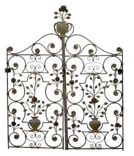 ANTIQUE WROUGHT IRON GARDEN GATES: Circa 1939 Moroccan wrought iron entry gates from a San Francisco mansion solarium. Each gate measures 67" tall x 27Â¼" wide.