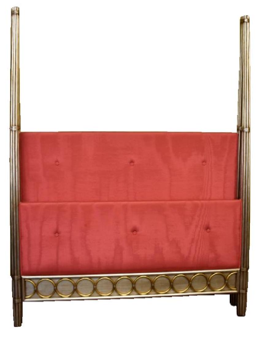 VINTAGE ART DECO STYLE FOUR POSTER BED: Queen size bed features tufted taffeta upholstery headboard and footboard with geometric designs at the bottom of the footboard and on the side rails. It stands 84" tall x 64" wide. It appears to be i