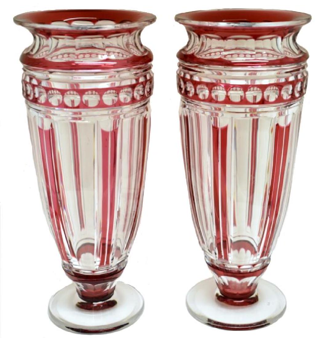 PAIR OF ST. LOUIS CRANBERRY TO CLEAR CRYSTAL VASES (1 of 4)