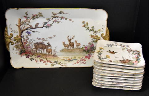 CH FIELD HAVILAND LIMOGES GAME SET: Set includes a 19" x 11" platter and ten square luncheon plates featuring six different scenes depicting animals in the forest. Each plate measures 7Â½" square. The backstamps date the set in the la