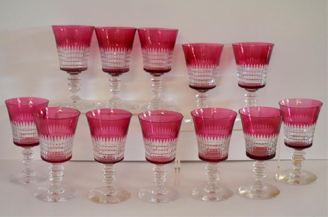 RUBY FLASHED OHIO CUT GLASS CO. WINE GLASSES: Each of the ten circa 1920s clear wine goblets is ruby flashed and measures 5" tall. Glassware is cut in a "Lincoln Inn" style pattern and appears to be in nice overall condition (one glass has a rim 