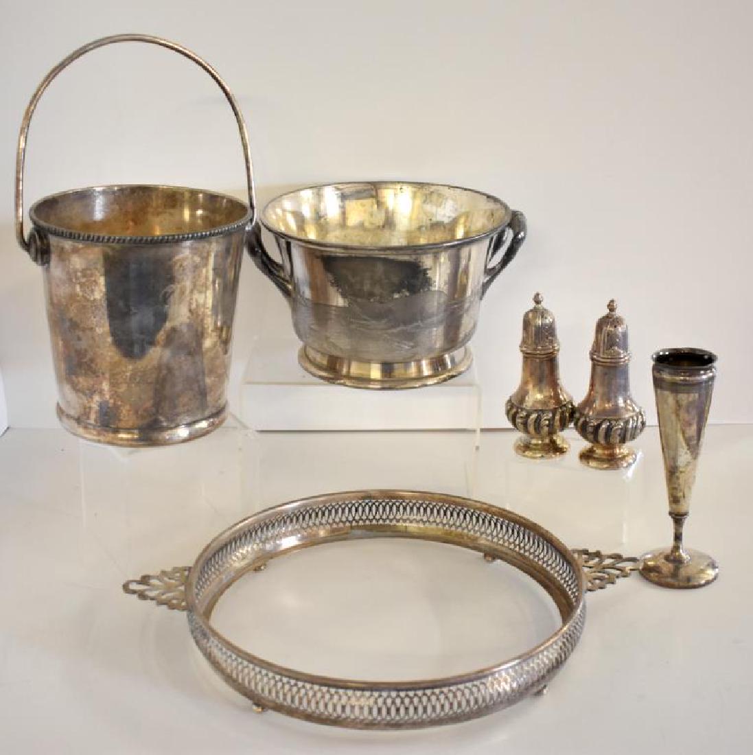 ASSORTED SILVERPLATE: Includes an ice bucket with drain insert and an etched polar bear motif by Reed & Barton (5" tall x 7Â½" across), a wine bucket monogrammed with a B by Midsilcraft, a pie plate holder by Crescent, a