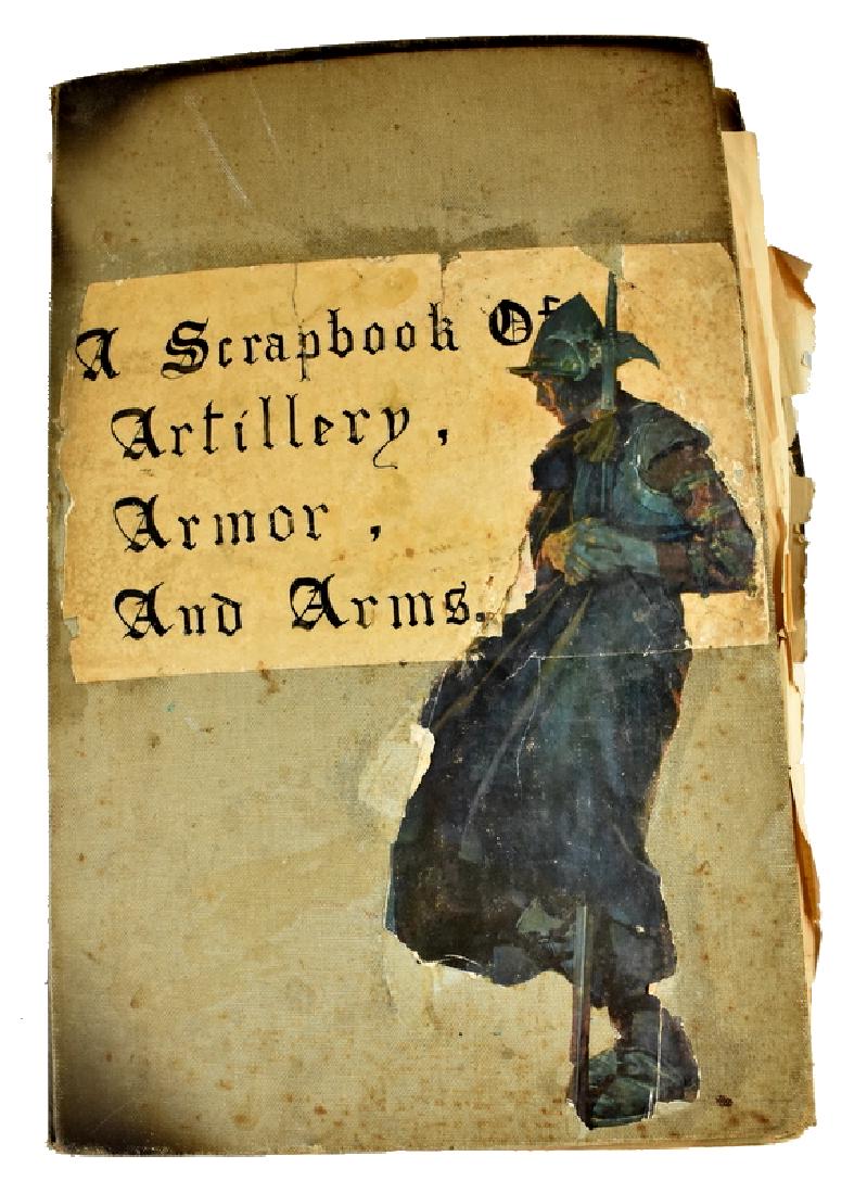 IMPRESSIVE SCRAPBOOK OF ARTILLERY, ARMOR, AND ARMS: Scrapbook is an impressive collection of information on firearms, swords, armor, and artillery. It is alphabetized and features a table of contents and numbered pages. A one of a kind reference book b