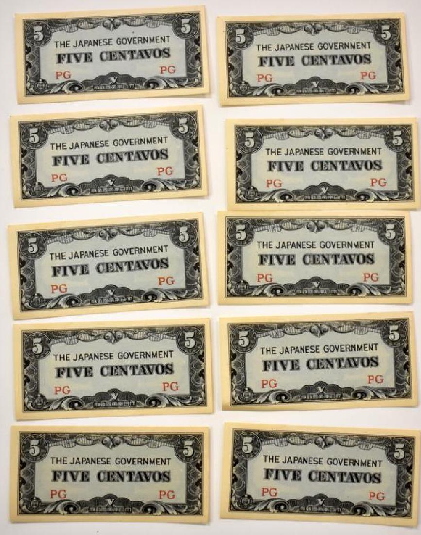 WWII JAPANESE INVASION SCRIPT: World War II Japanese invasion military money. Includes 10 pieces issued by the Japanese Government. All are five centavos notes from the Philippines and appear to be in excellent condition.
