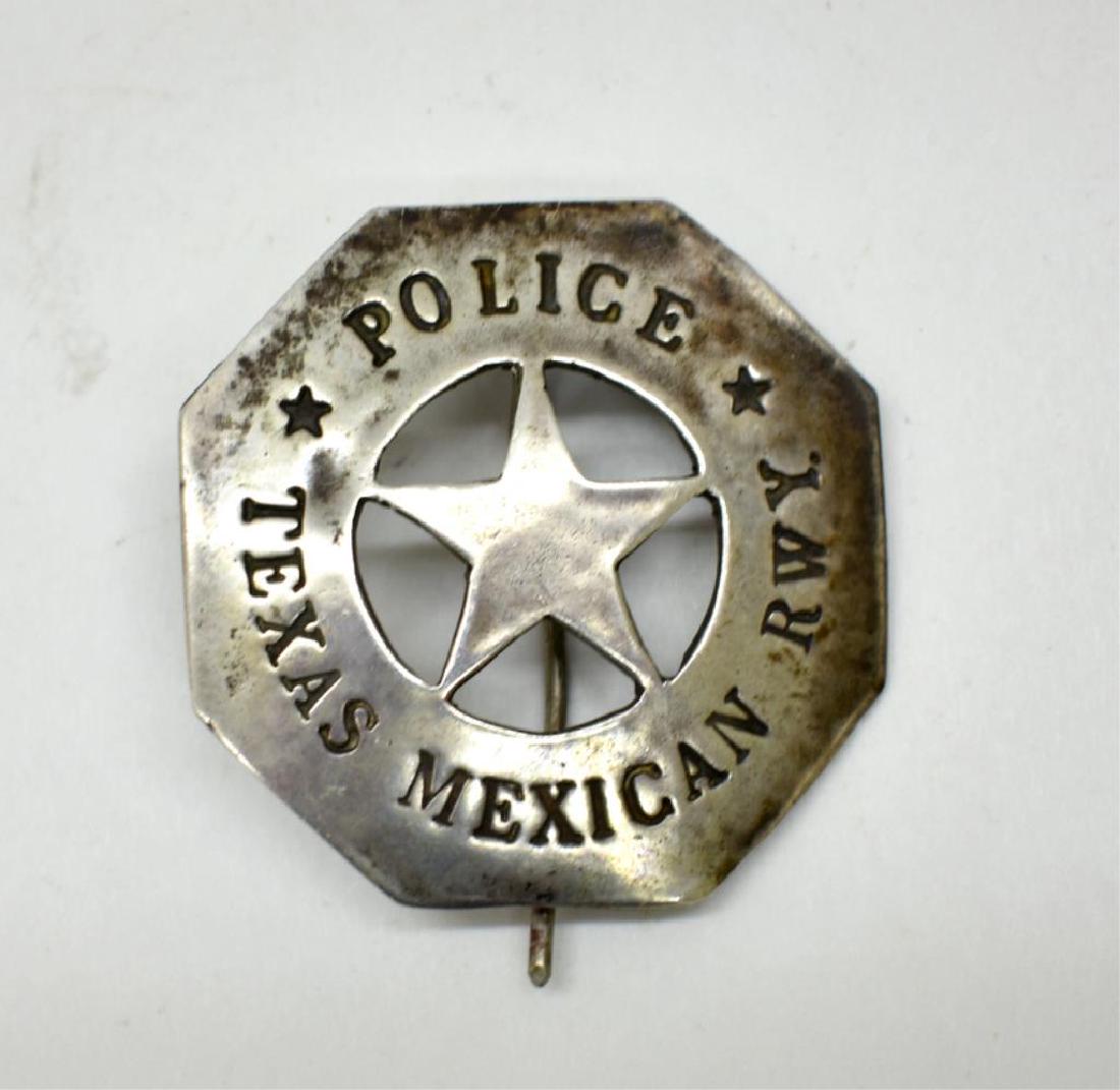 ANTIQUE TEXAS MEXICAN RAILWAY POLICE BADGE: Badge is marked on the back Blackinton and is believed to be made of coin silver. Measures 2" tall x 2" wide.