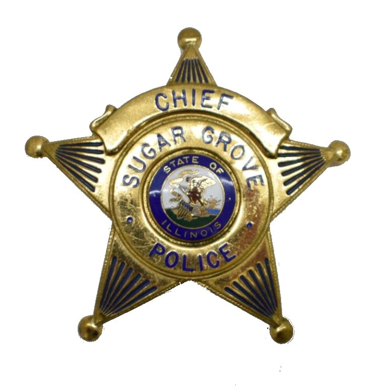 SUGAR GROVE, ILLINOIS POLICE CHIEF BADGE: Badge is maker marked ""Blackinton, Hi-Glo." It measures 2.5" across and appears to be in nice overall condition.
