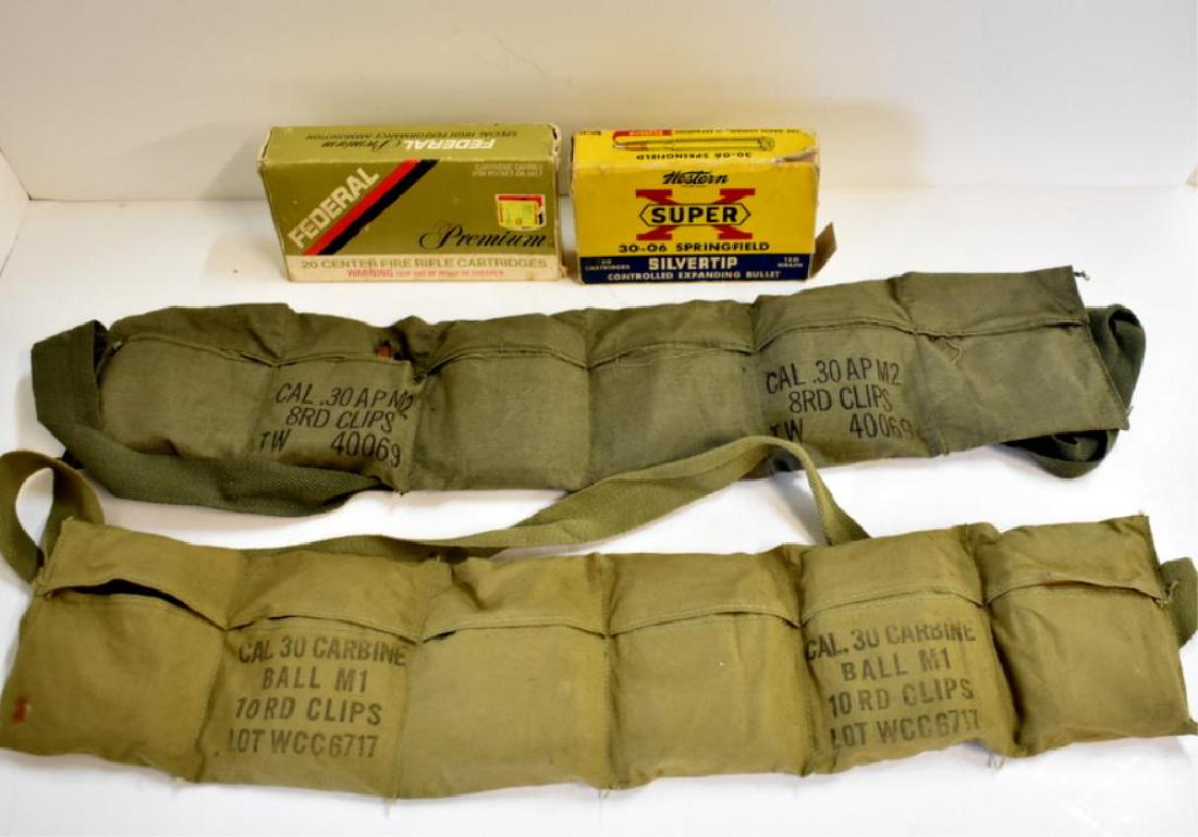 ASSORTED AMMUNITION AND CLIP BELTS: Includes a box of Federal .30-06 ammo (6 shell cases, 13 unfired), a box of Springfield Super X .30-06 ammo (contains 13 rounds), and two belts with assorted ammunition in clips (seven .30 carbine 10-
