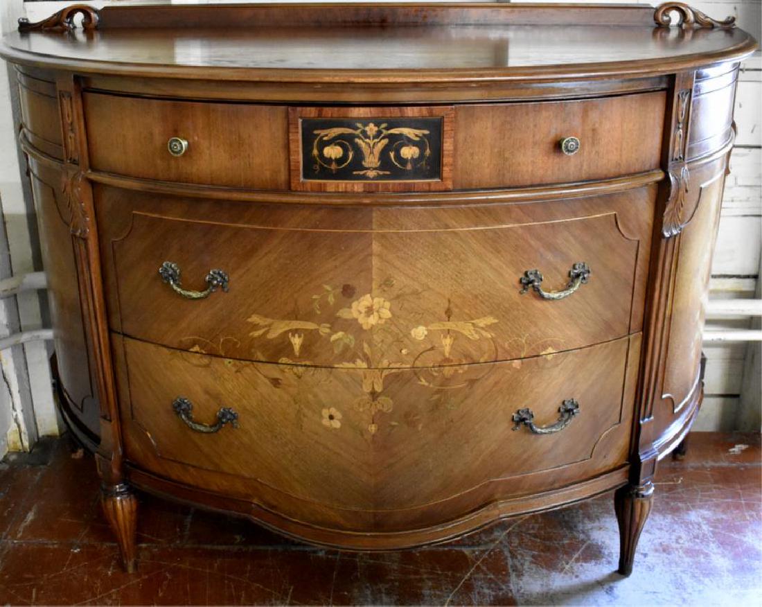 CIRCA 1920s DEMI LUNE CHEST: Chest is made of walnut with beautiful inlays and features three drawers. It was made by Widdicomb Furniture Co, Grand Rapids, MI. Bureau measures 36" tall x 52" wide x 22" deep and appears to be in v