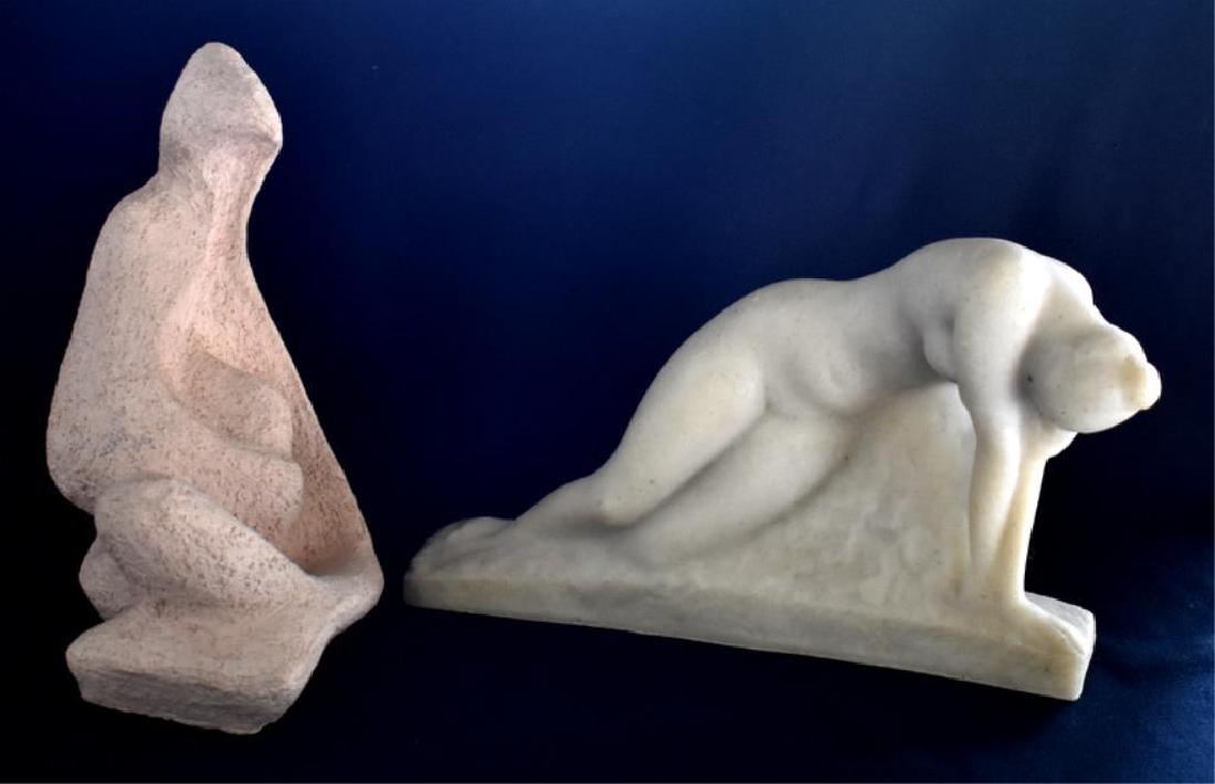 TWO FIGURAL SCULPTURES: Includes a composition stone reclining nude "Awakening" by Vincent Glinsky (Russia 1895-1975) is incised with his signature on the base (7-1/2" tall x 12" long) and an unsigned abstract mother & child