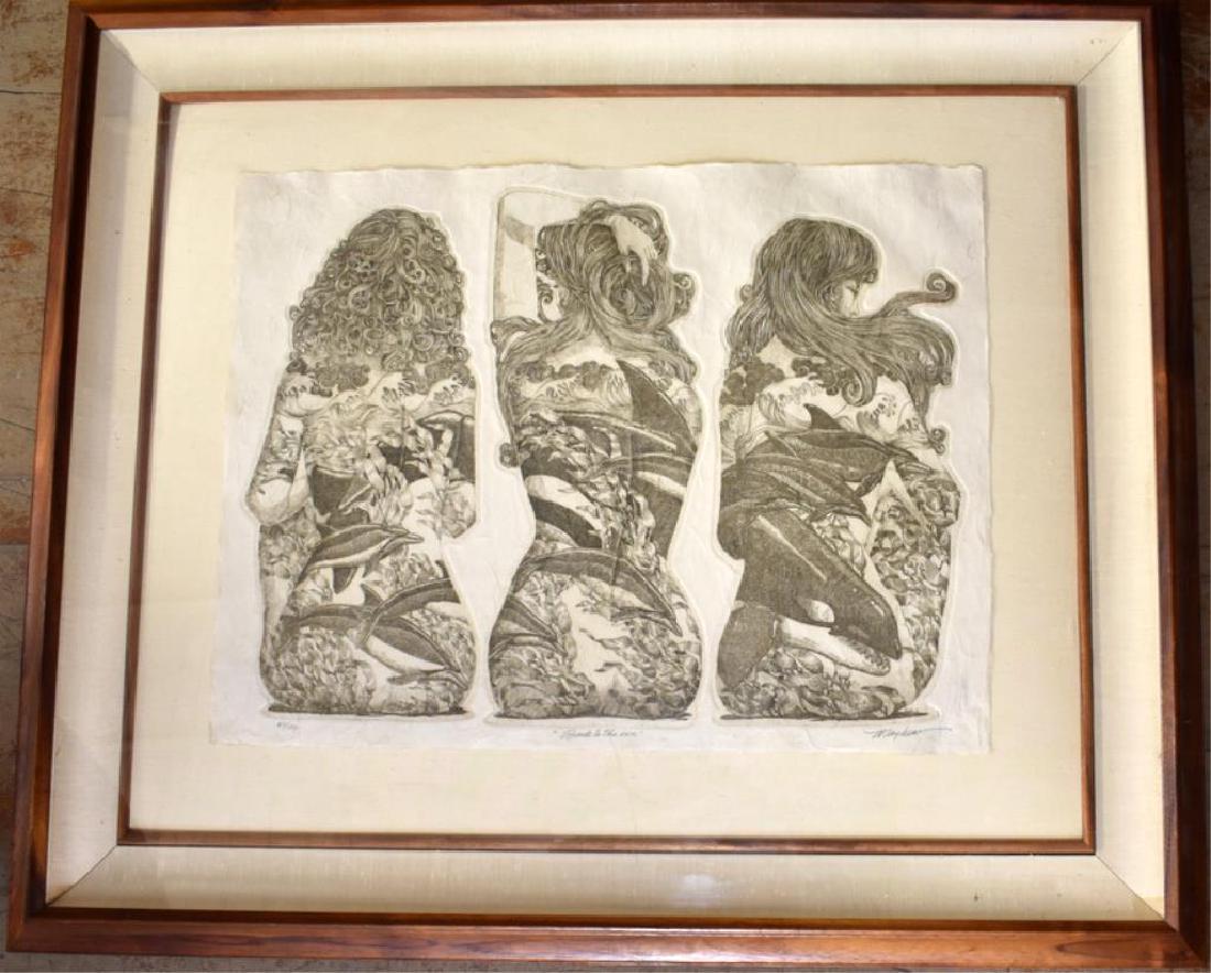 "BACK TO THE SEA" J.D. MAYHEW ETCHING: Limited edition dry point etching on handmade paper by J.D. Mayhew (California, 1925-2004). Etching depicts aquatic scenes on the backs of three women / mermaids. It is numbered lower left 81/150, tit