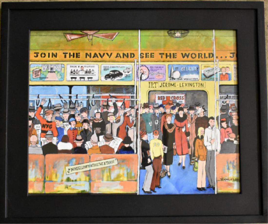 NY SUBWAY "RUSH HOUR 1939" BILL MARLIEB GICLEE: Giclee is hand signed by listed artist Bill Marlieb (American, born 1929) above the printed signature "W. Marlieb '04". It is titled verso 'New York Subway "Rush Hour 1939"' in the artist's hand. Prin