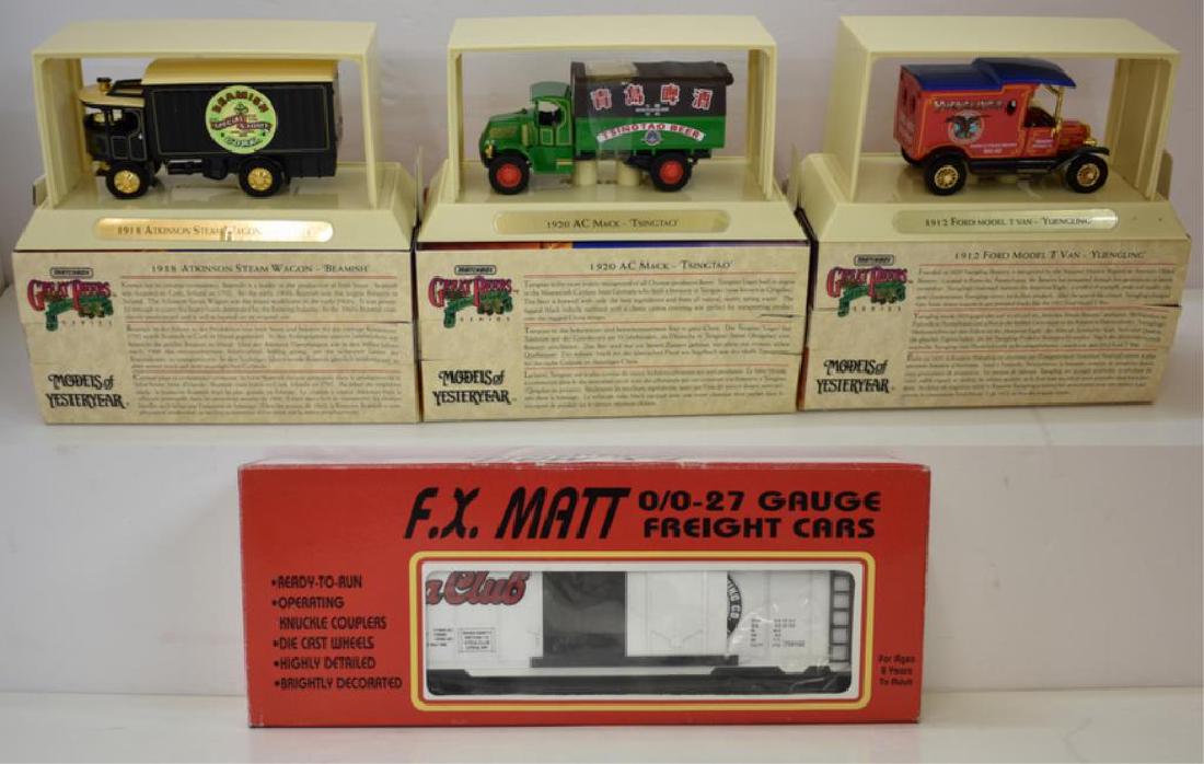 MATCHBOX MODELS OF YESTERYEAR & MORE: Includes 1912 Ford Model T Van, 1920 AC Mack Truck, and 1918 Atkinson Steam Wagon Matchbox Models of Yesteryear plus an O gauge Utica Club reefer freight car.