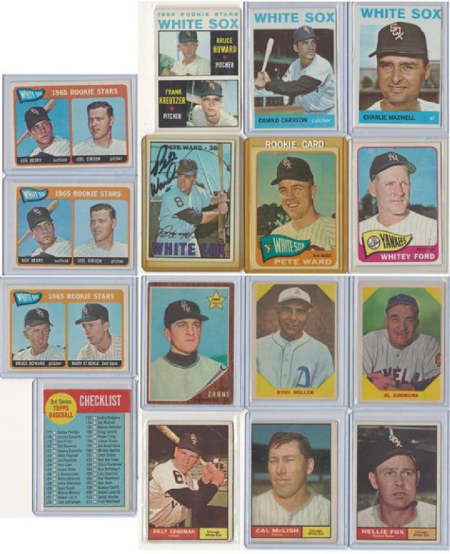 ASSORTED 1960s BASEBALL TRADING CARDS: Includes 1964 Topps Camilo Carreon, 1964 Topps Charlie Maxwell, 1965 Topps Bruce Howard & Frank Kreutzer, 1965 Topps Whitey Ford, two 1966 Topps White Sox 1965 Rookie Stars Ken Berry & Joel Gibson, 19