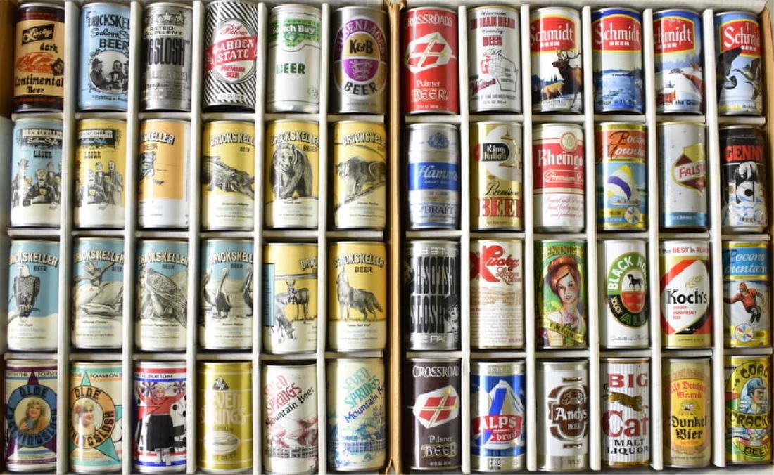48 ASSORTED VINTAGE BEER CANS: Includes Scotch Buy, Lucky Lager, Indian Head, Reingold, Schmidt, Big Cat, and many others. Cans have all been opened from the bottom and have their pull tabs or stay tabs in place.