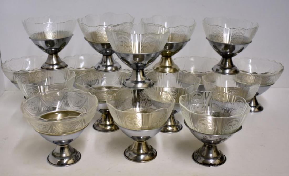 "ROYAL LACE" DESSERT DISHES WITH CHROME STANDS: Includes eighteen chrome bases and 17 clear glass inserts.