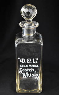 DCL GOLD MEDAL SCOTCH WHISKY BACK BAR BOTTLE: Antique Pre-Prohibition "D.C.L." Gold Medal back bar scotch whiskey glass decanter with stopper, 11" tall.