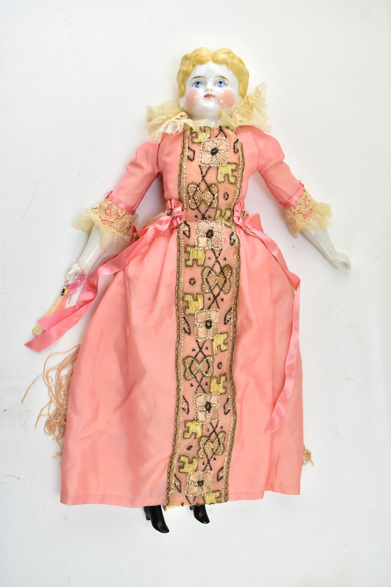 ANTIQUE CHINA DOLL WITH PINK BEADED DRESS (1 of 6)