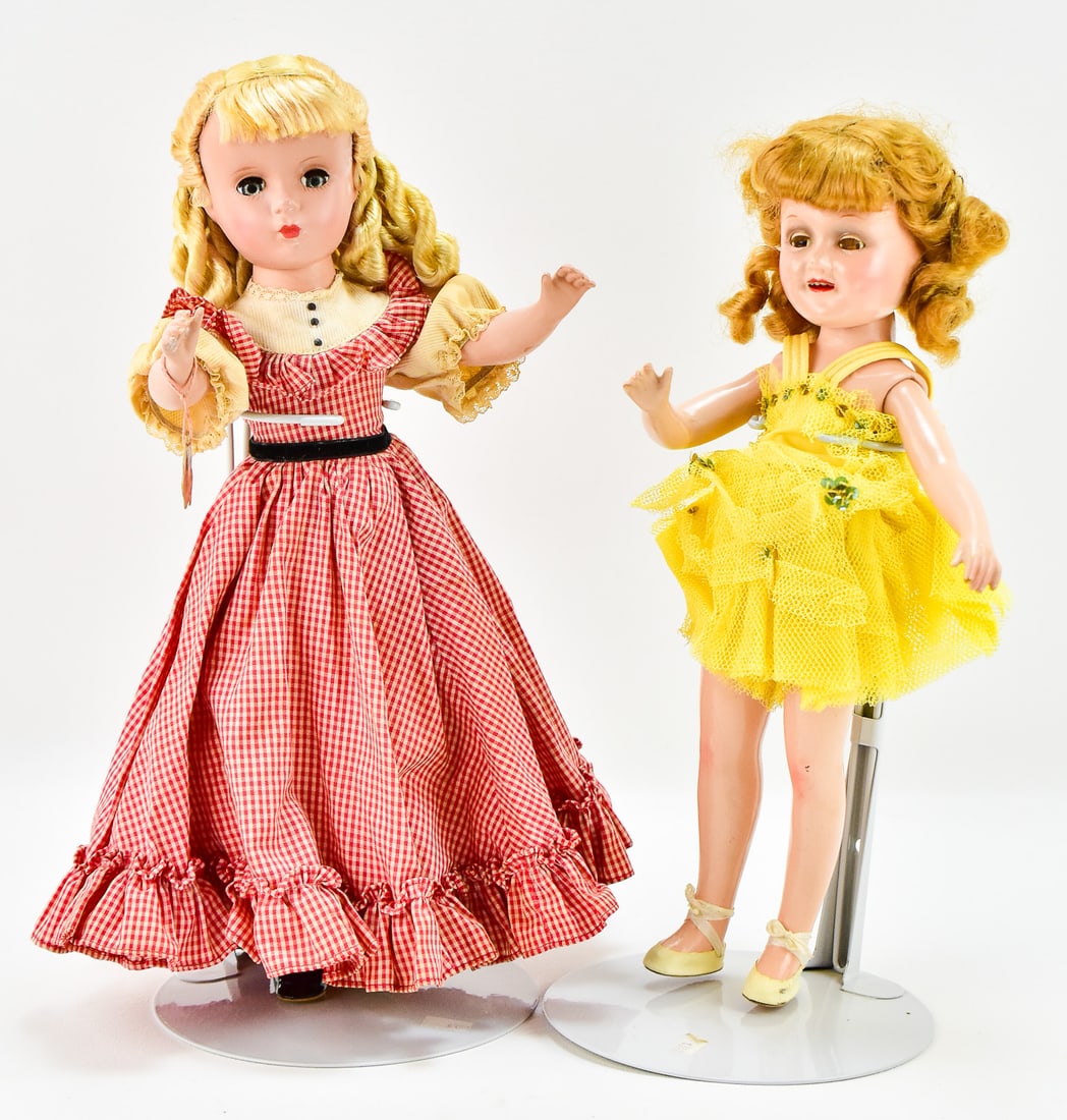 MADAME ALEXANDER WENDY-ANN & AMY DOLLS: Madame Alexander 14" tall Little Women "Amy" doll with red gingham dress, and a Madame Alexander 13" tall "Wendy-Ann" doll with yellow dress and swivel waist. C