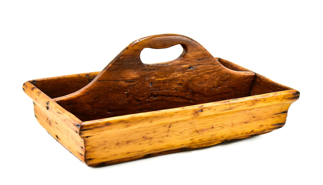 ANTIQUE WOODEN TOTE: An antique wooden tote or caddie.