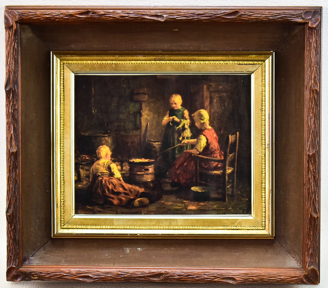 "WAITING FOR SUPPER" LITHOGRAPH: Lithographic print on paper featuring Evert Pieters "Waiting for Supper". Art measures 7.5" h x 9.5" w presented in an ornately carved rustic-style frame measuring