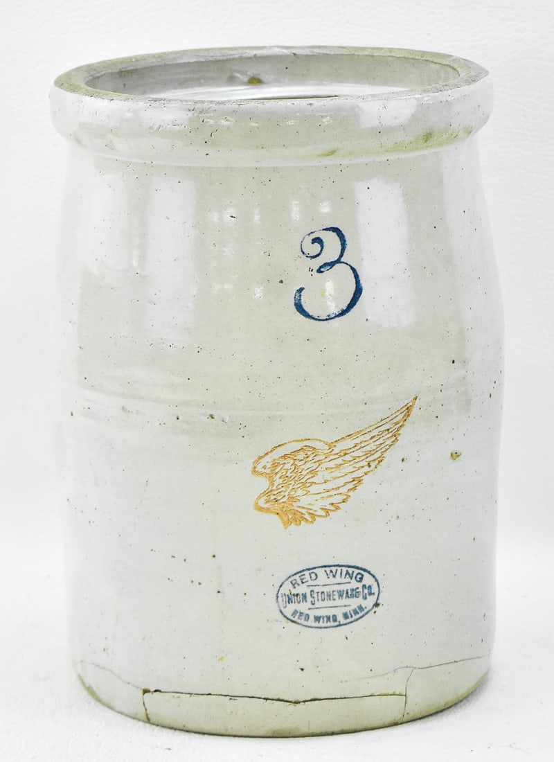 RED WING 3 GALLON STONEWARE BUTTER CHURN CROCK: Red Wing Union Stoneware Company 3 gallon butter churn crock, circa early 1900s. 