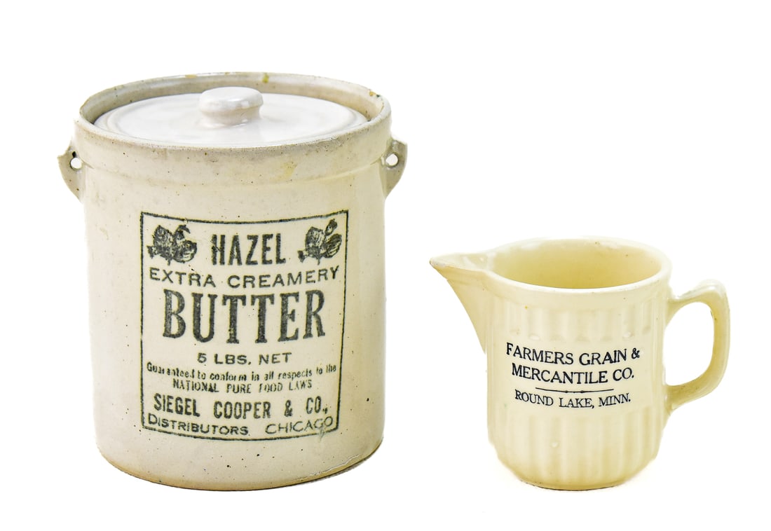 RED WING BUTTER CROCK & CERAMIC ADVERTISING PITCHER: Farmer's Grain & Mercantile Company - Round Lake, Minnesota early 1900s ceramic pitcher, and Red Wing Union Stoneware Company 1920s 5lb butter crock with lid advertising for Siegel C