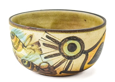 ARTIST SIGNED BIRD AND FISH POTTERY BOWL